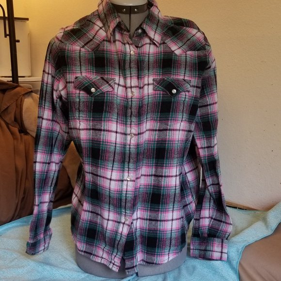 Wrangler Tops - NWOT Wrangler Flannel Shirt XXL Pink Teal Black